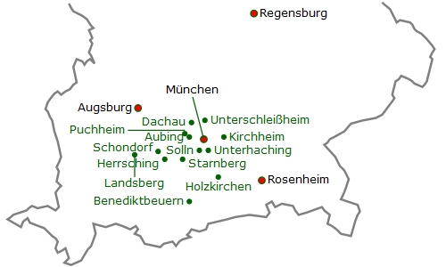 Schematische Landkarte des südlichen Bayern mit Ortsnamen unserer Therapie-Einrichtungen