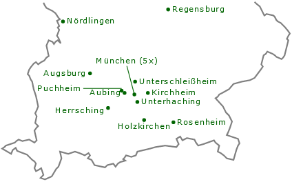 Schematische Landkarte des südlichen Bayern mit Ortsnamen unserer Therapie-Einrichtungen